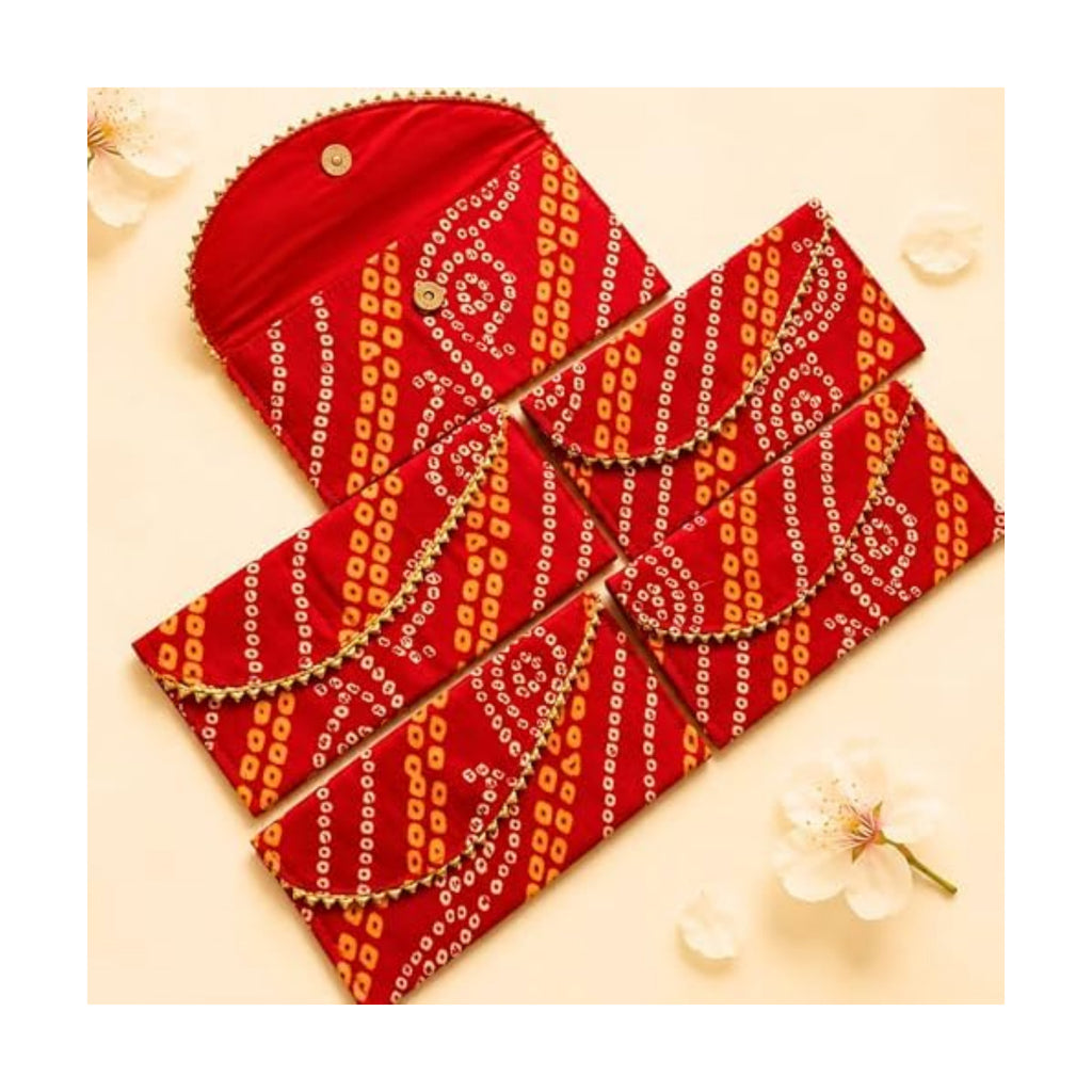 LoveNspire Brocade Fabric Money Envelopes (7.5 x 3.5 Inch) Decorative Bandhani Pattern Shagun Lifafa for Indian Wedding, Birthday | Cash Gift Holder & Home Savings Organizer Red/Pack of 20