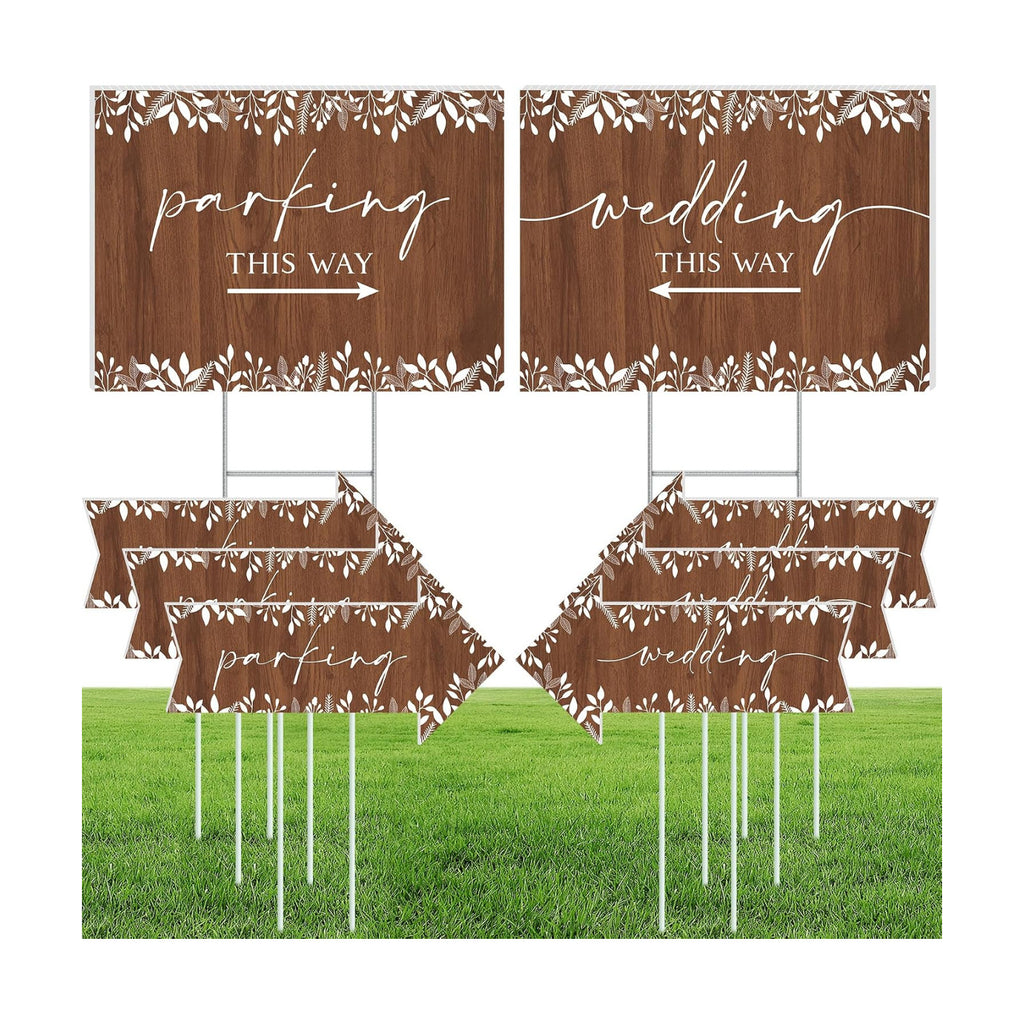 8 Pcs 17 × 8.5" Wedding This Way Directional Parking Signs Road with Stakes Large Double Sided Direction Printed Ceremony Reception Lawn Yard Arrow Sign Exquisite Plastic Rainproof (Rustic)