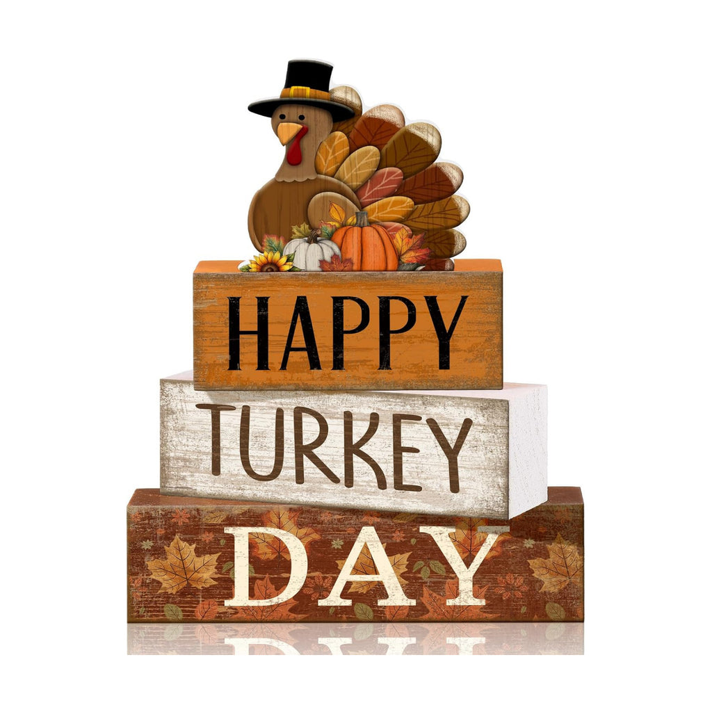 Moucuny 4 Pcs Fall Table Decor Wooden Signs Happy Turkey Day Blocks