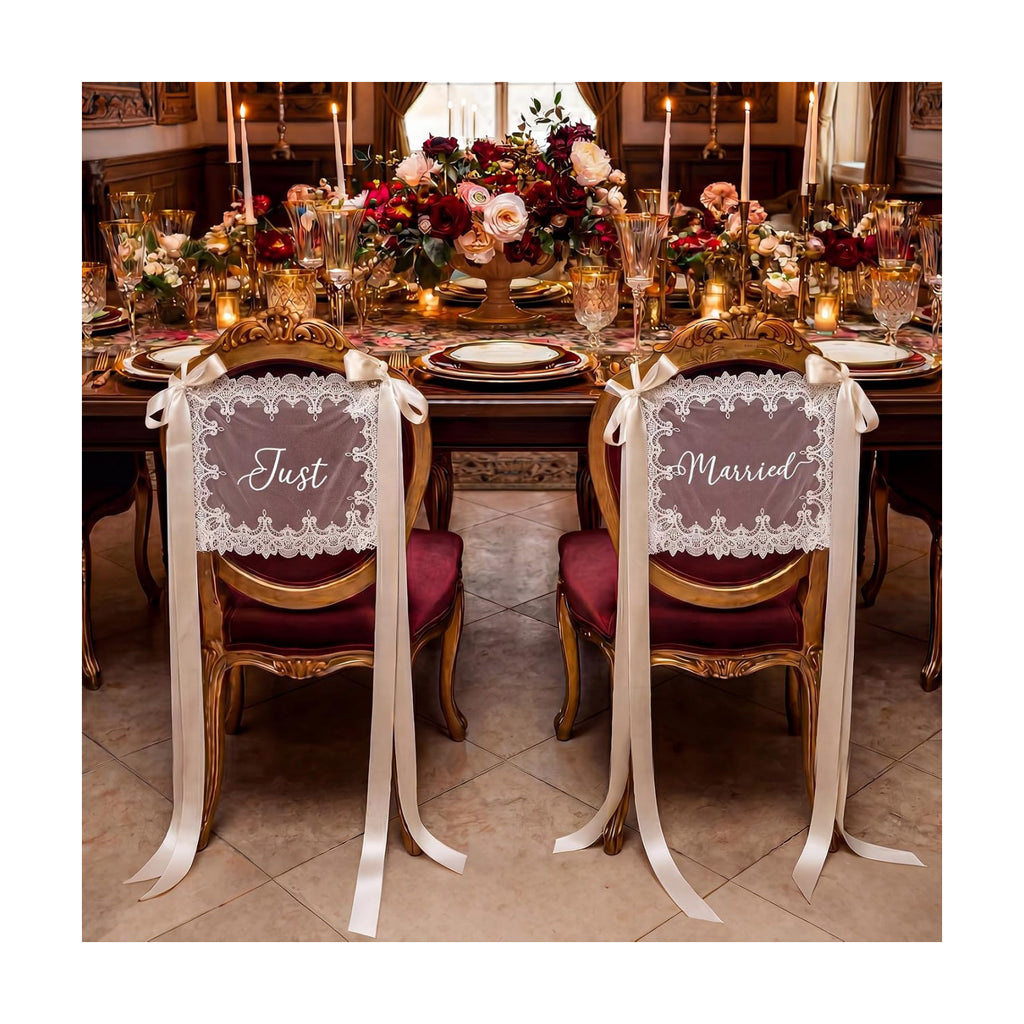 Breling 2 Pcs Lace Wedding Chair Sign Back Banner, White, Just Married4
