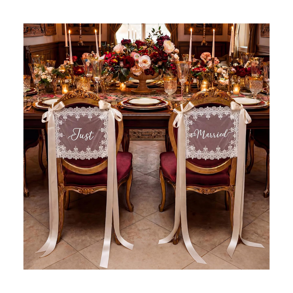 Breling 2 Pcs Lace Wedding Chair Sign Back Banner, White, Just Married4