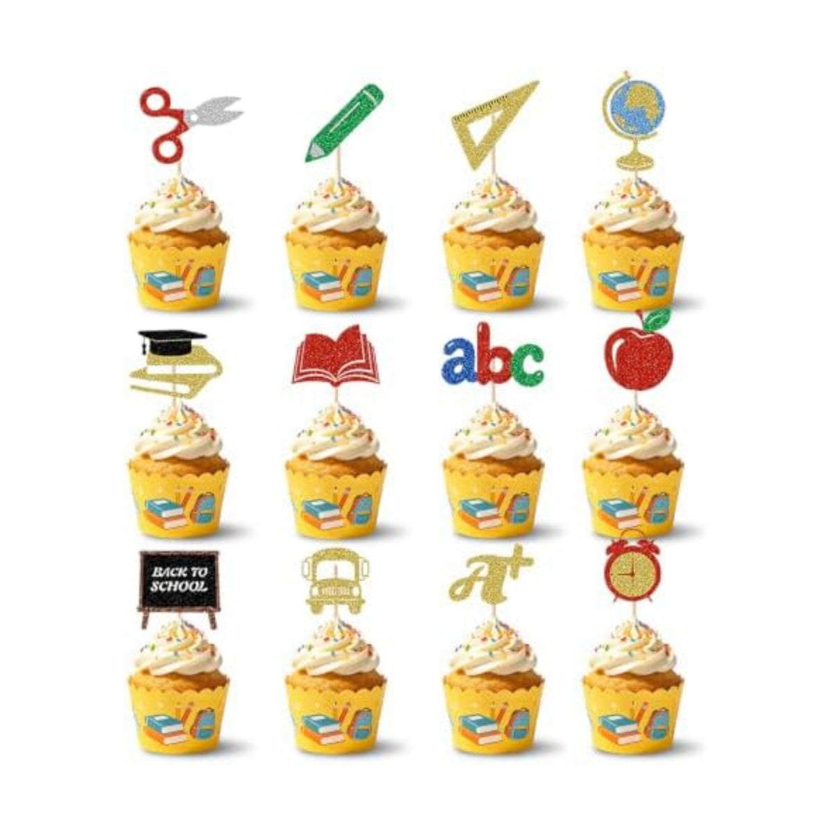 24Pcs Back to School Cupcake Toppers, Glitter School Cake Decorations