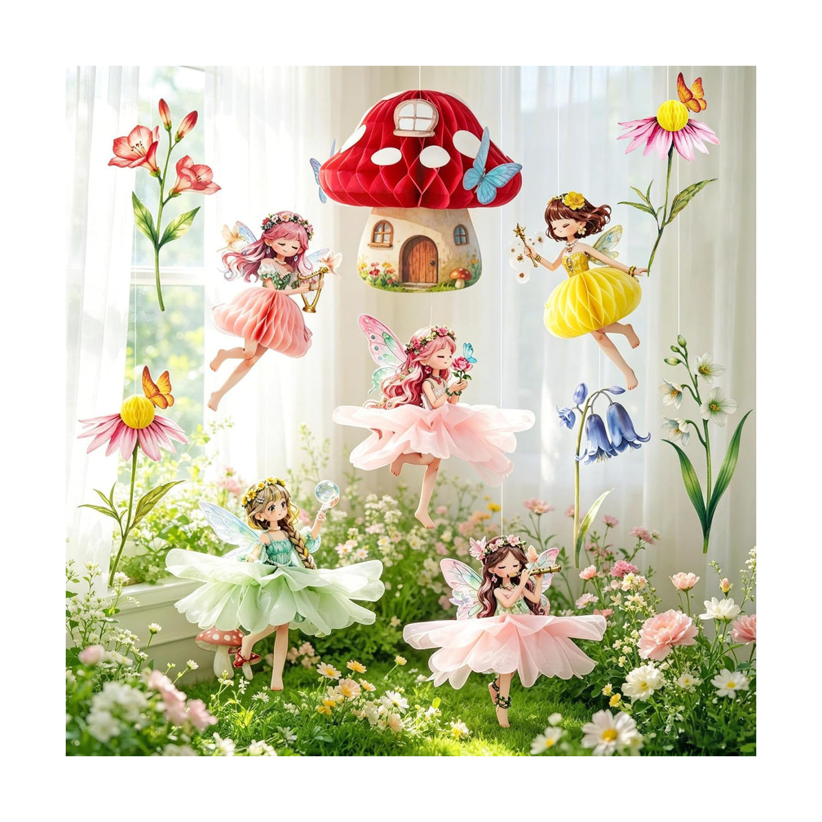 Fairy Mushroom House Party Decoration Set Honeycomb Paper Table Top Decoration Party Flower Fairy Theme for Kids Birthday Party