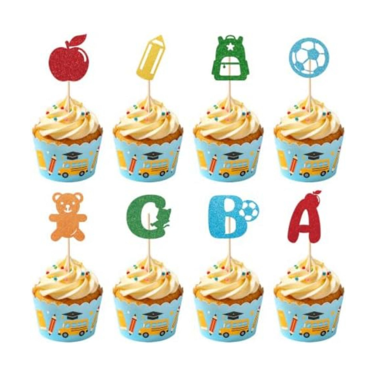 24Pcs Back to School Cupcake Toppers, Glitter First Day School Cake Decor