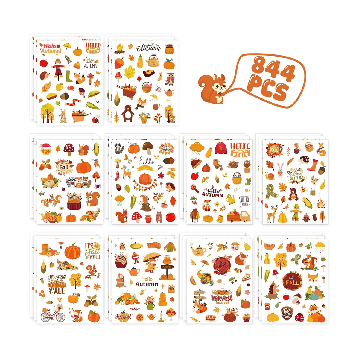 844Pcs Fall Stickers, Self-Adhesive Die-Cut Autumn Pumpkin Stickers Crafts