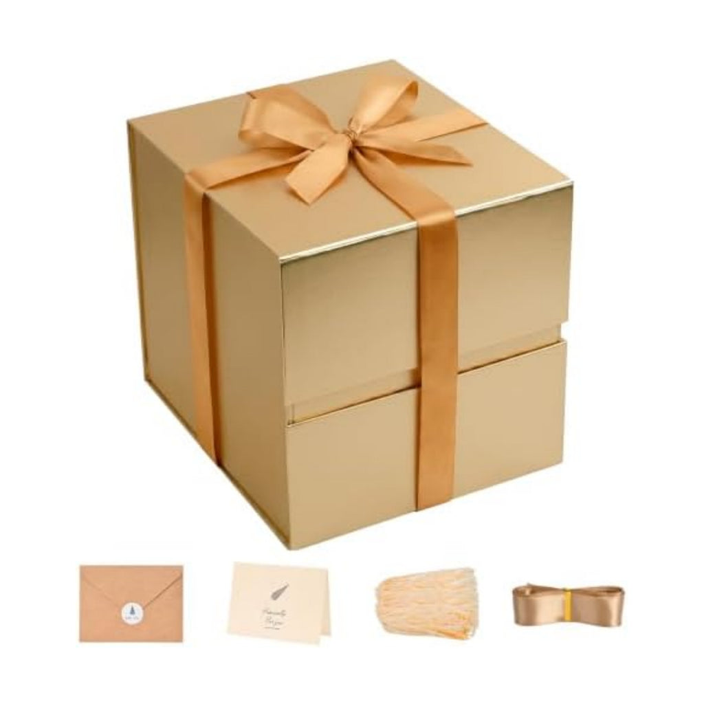 LIFELUM Gold Gift Box for Birthday with Magnetic Lid, 8.6"x8.6"x8.6"