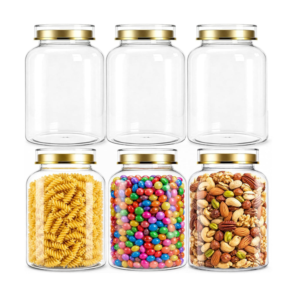Tlence 6 Pack 1.4L Clear Plastic Jars, 47OZ Cookie Jar with Lids, Airtight Candy Buffet Containers, Round Food Storage Mason Jug for Apothecary, Flour, Sugar, Tea, Coffee, Fermenting, Pickling