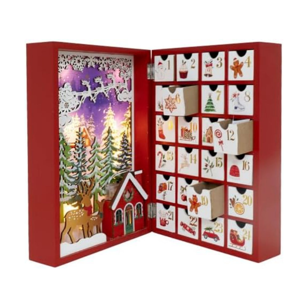Lighted Wooden Christmas Advent Calendar Book, 24 Drawers