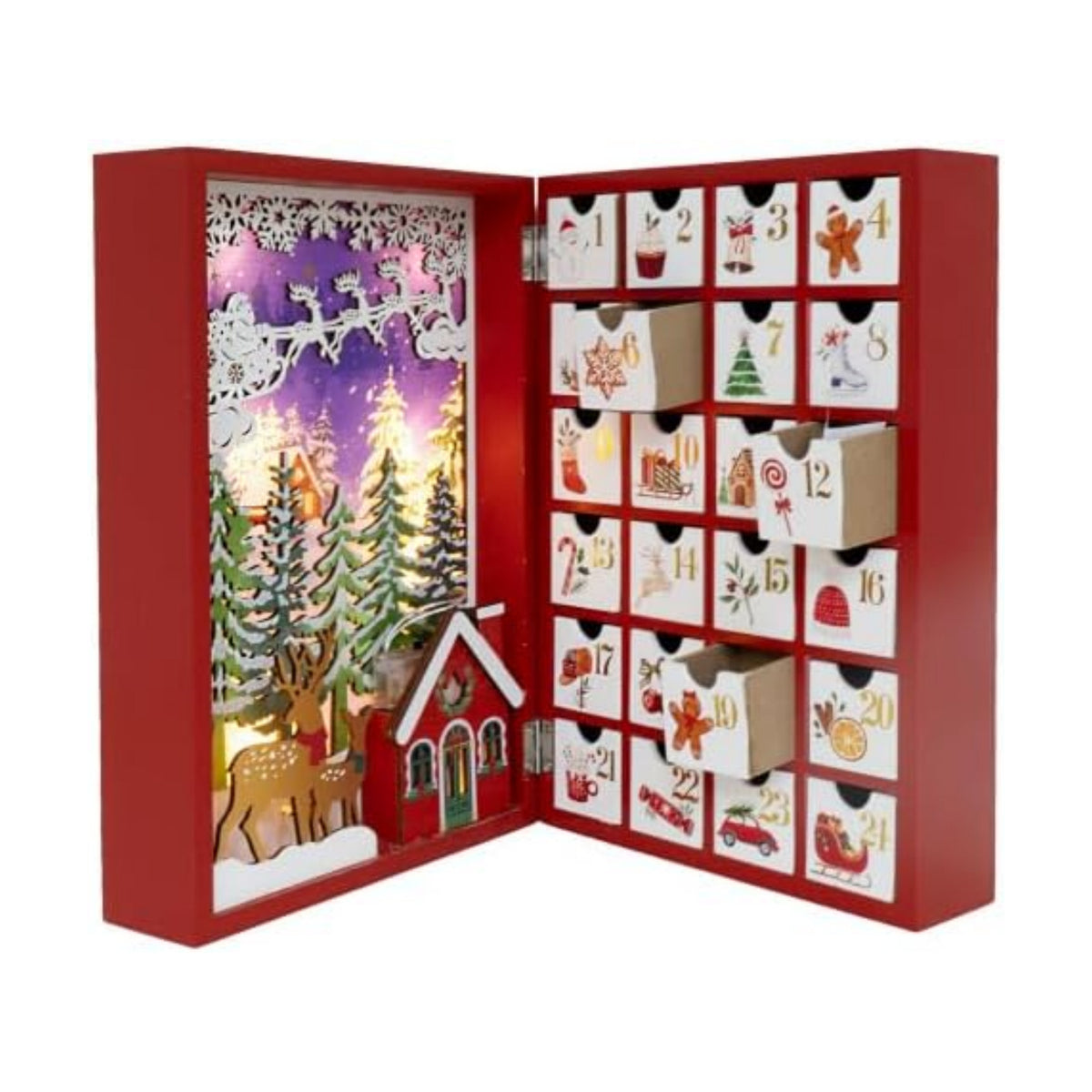 Lighted Wooden Christmas Advent Calendar Book, 24 Drawers