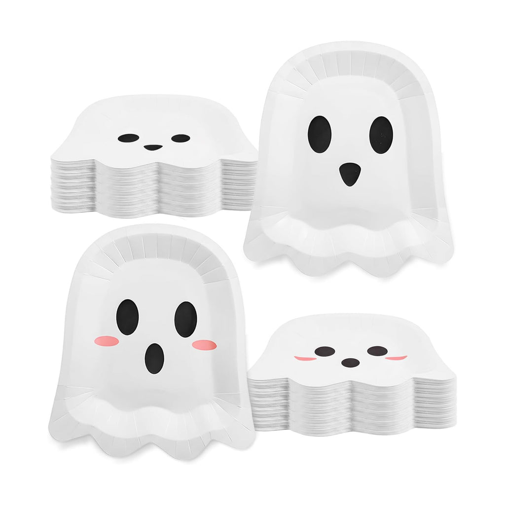 FOIMAS 50 Pcs Halloween Paper Plates, 9.84 Inch Cute Ghost Disposable Plates Spooky Boo Dessert Dinner Plate Tableware for Baby Shower Halloween Party Supplies Birthday Table Decor,White