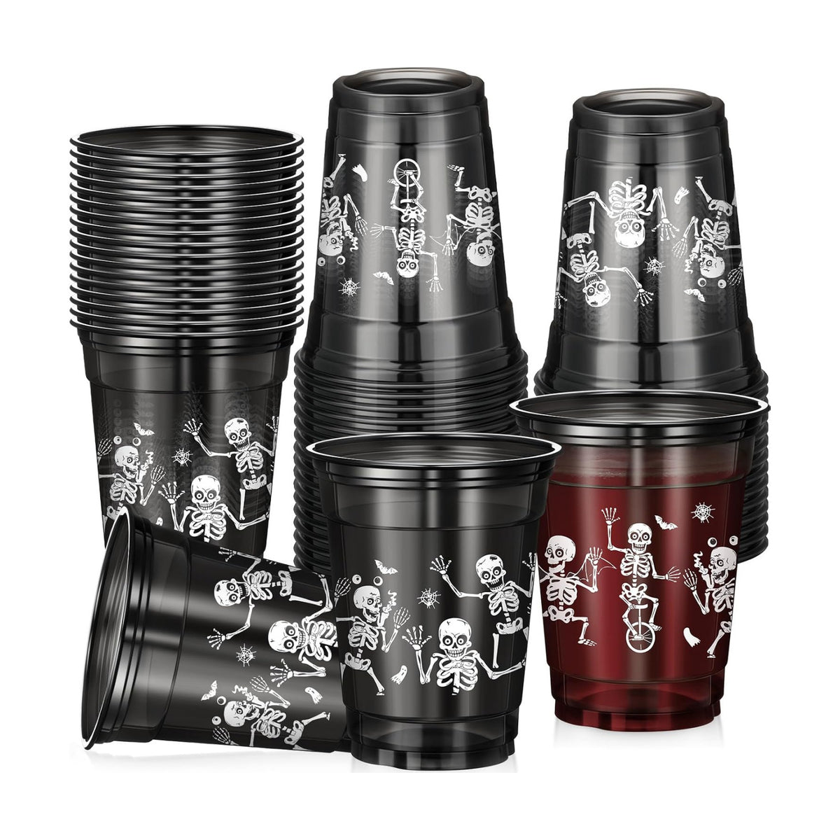 Vesici 50 Pcs Halloween Skeleton Plastic Cups 12 oz Disposable Black Cups