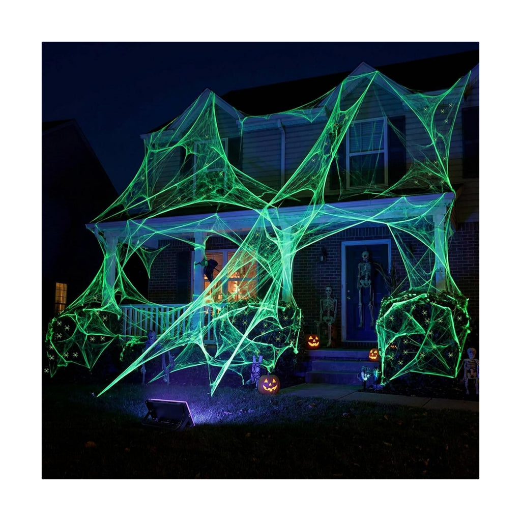 1100 Sqft Halloween Glow Green Stretch Cobwebs with Glow Spiders and Light
