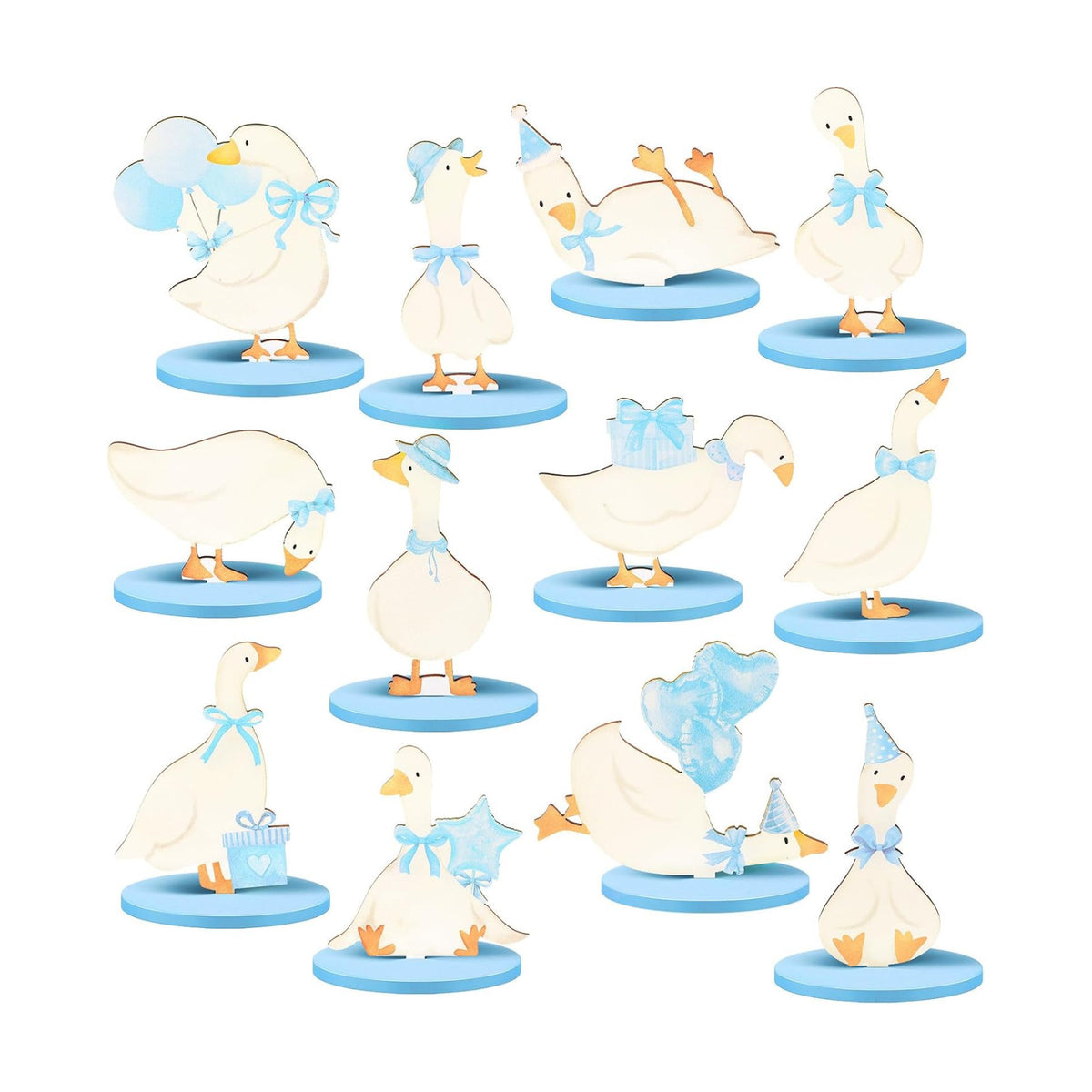 Wesiti 12 Pcs One Silly Goose Birthday Party Decoration Wooden Blue Bow Silly Goose Table Centerpiece Shower Decor Funny Table Decoration Gift for First Birthday Party Favor Desk Tiered Tray