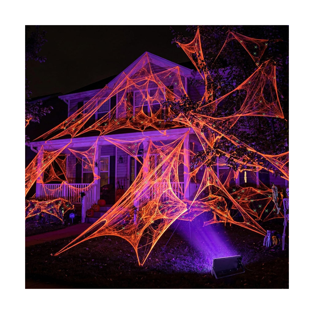 1100 Sqft Halloween Glow Orange Stretch Cobweb with Glow Spiders and Light