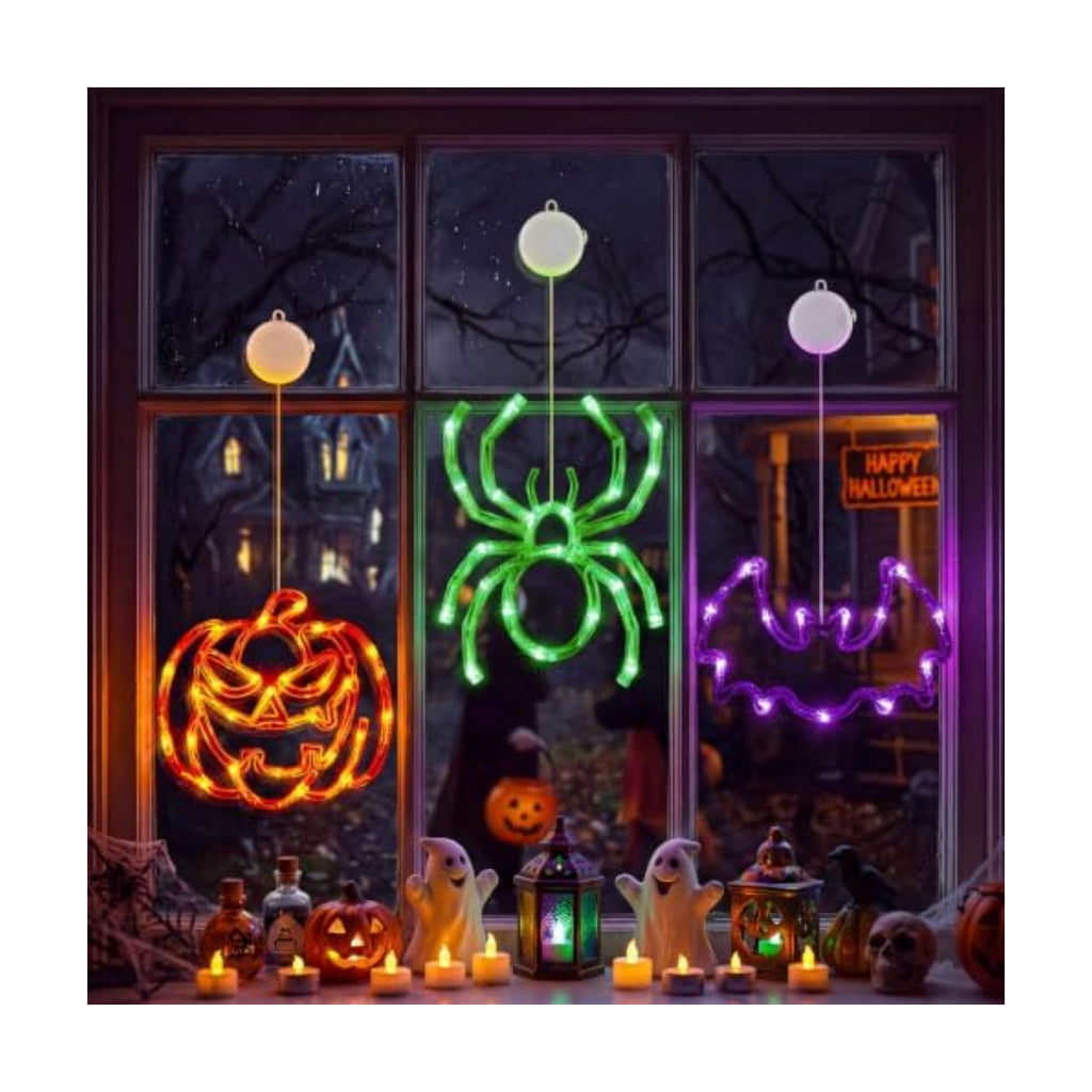 Minetom 3 Pack Halloween Windows Lights - Pumpkin, Spider, Bat with Timer
