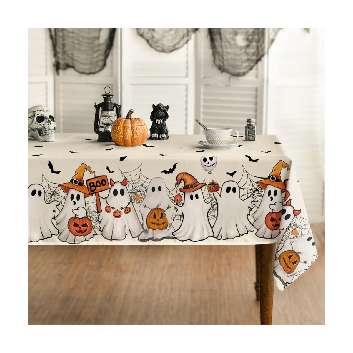 Horaldaily Halloween Tablecloth 60 x 104 Inch Rectangular Black Bat Ghost