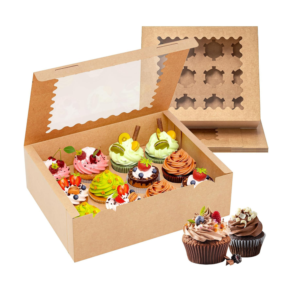 RYDDOY 4 Pack Brown Cupcake Boxes, Hold 12 Count Cupcake, Cupcake Carriers