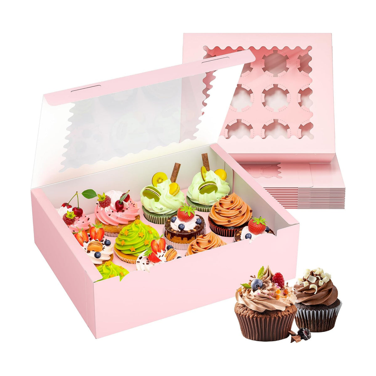 RYDDOY 12 Pack Pink Cupcake Boxes, Hold 12 Count Cupcake, Cupcake Carriers