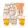 Jingmore 50 Pcs Little Pumpkin Party Disposable Plastic Cups 12 oz with Lids Straws Themed Party Supplies Plastic Tumbler for Birthday Table Decorations Favors(Orange and White)