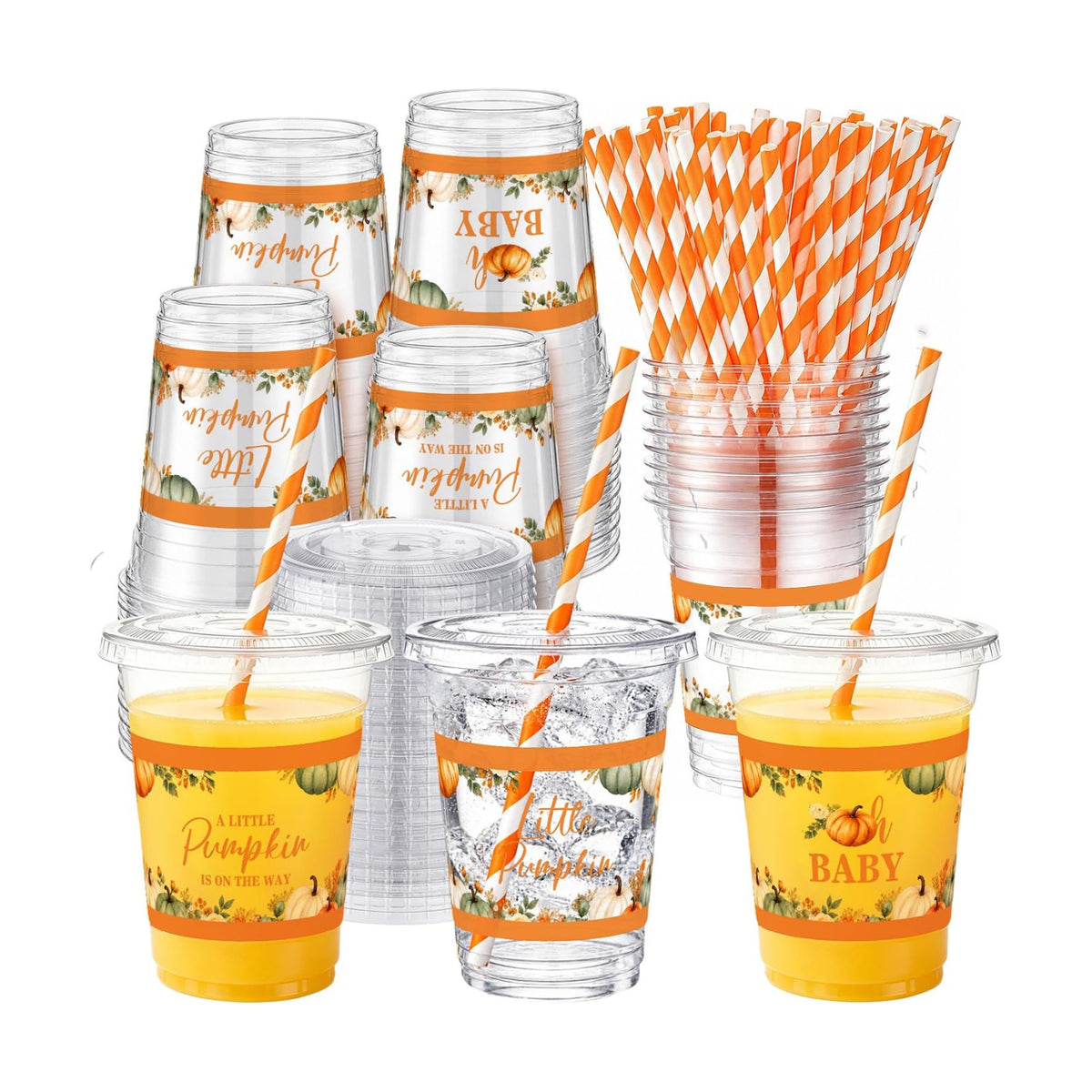 Jingmore 50 Pcs Little Pumpkin Party Disposable Plastic Cups 12 oz with Lids Straws Themed Party Supplies Plastic Tumbler for Birthday Table Decorations Favors(Orange and White)