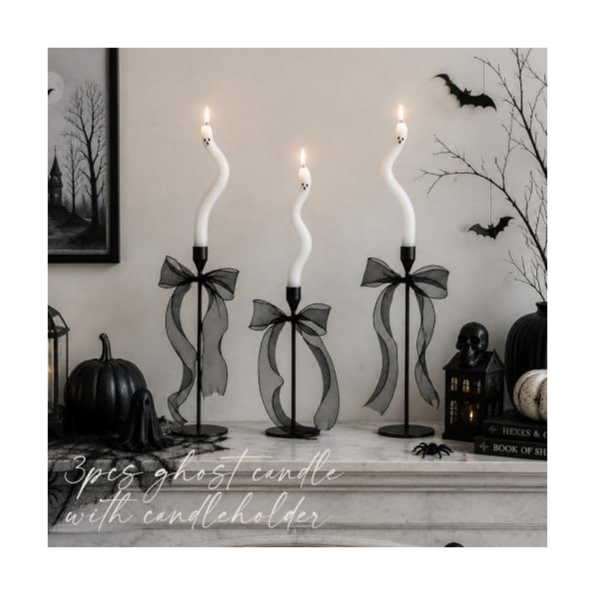 AYGXU Halloween Decorations indoor-3Pcs Twisting Ghost Candles Decor with Candle Holders,Ribbons,Vintage Candlestick Holders Decoration,Halloween centerpieces for Party Table Fireplace Decorations