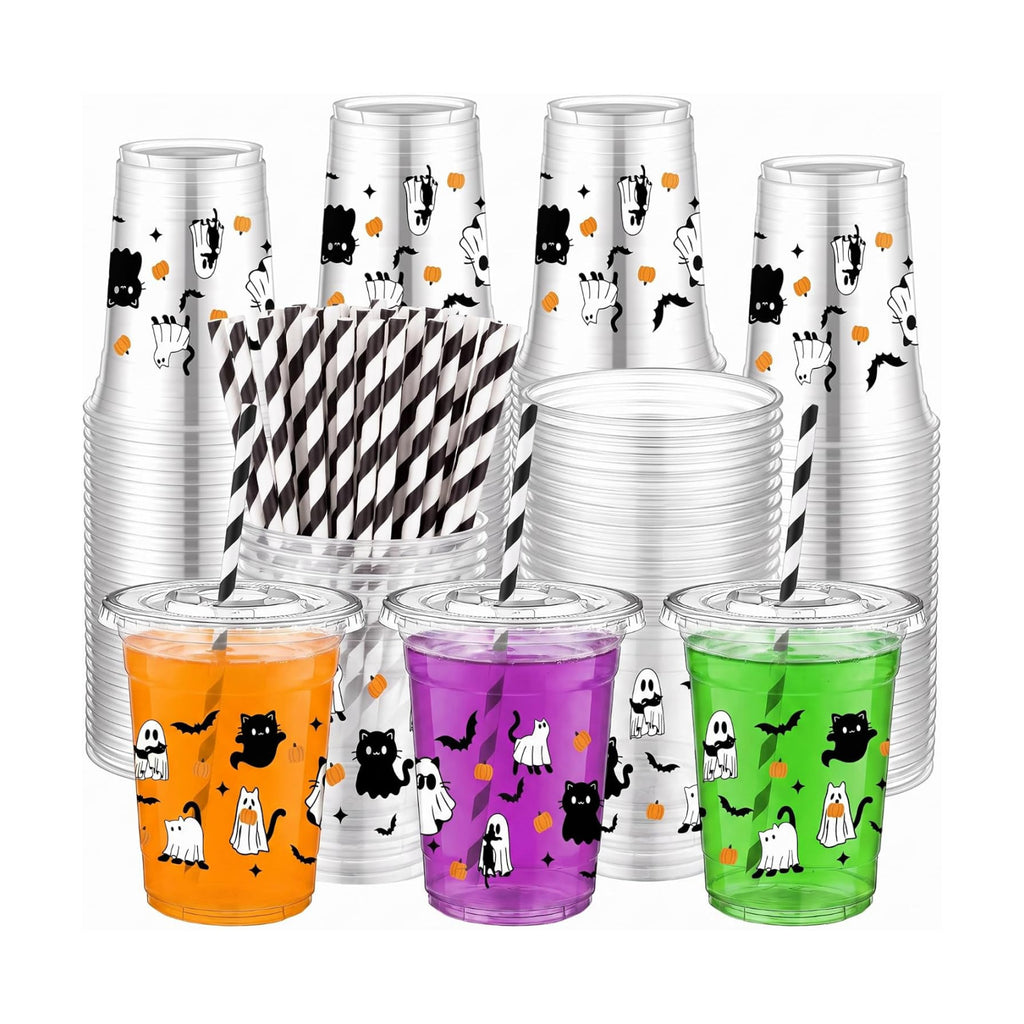 FillTouch 50 Pcs Halloween Cat Ghost Cups 16 oz with Lids Straws