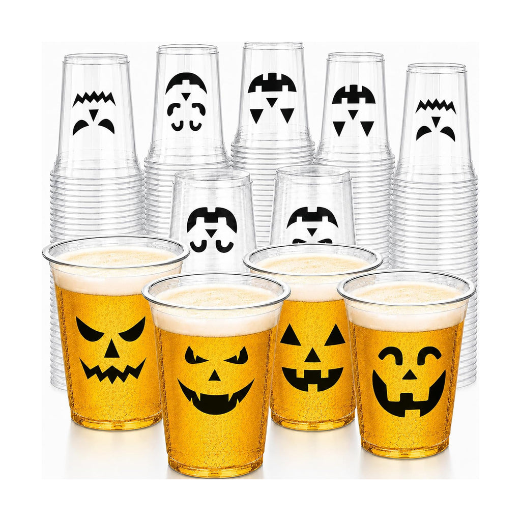 Halloween Plastic Cups,100 Pcs 12 oz Disposable Pumpkin Cups, 4 Designs