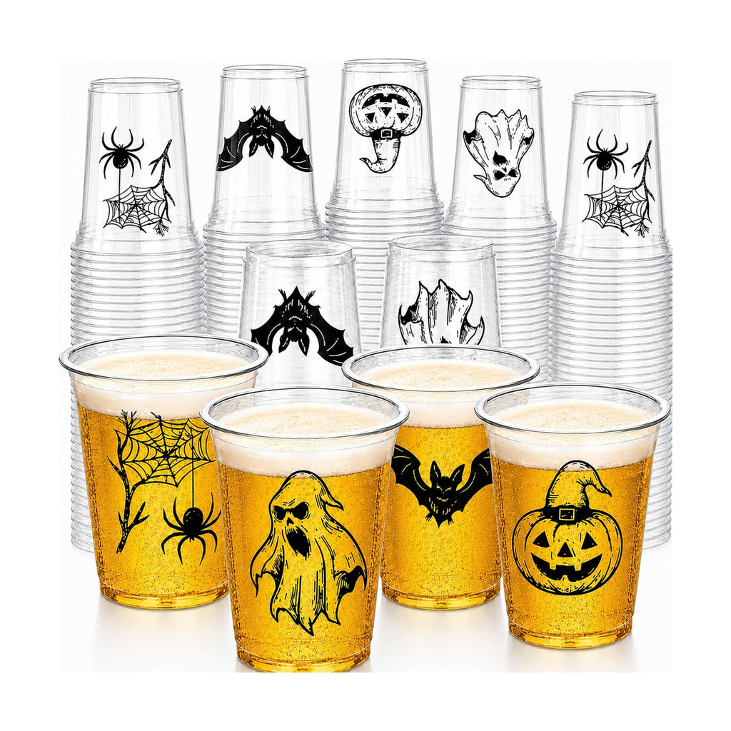 Halloween Plastic Cups, 100 Pack 12 oz Disposable Party Cups, 4 Designs