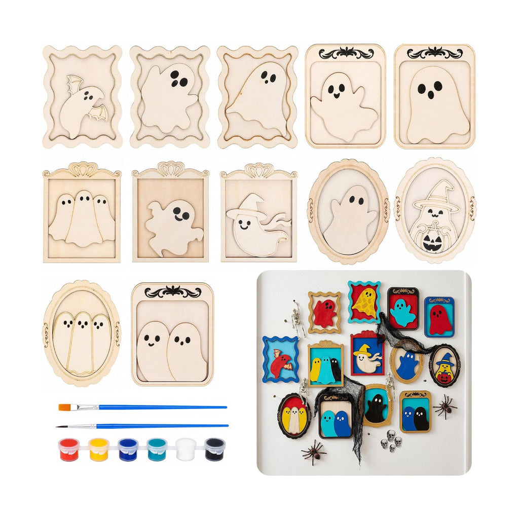 12 Pack Halloween DIY Wooden Ghost Frame Craft, Ghost Wood Painting Crafts