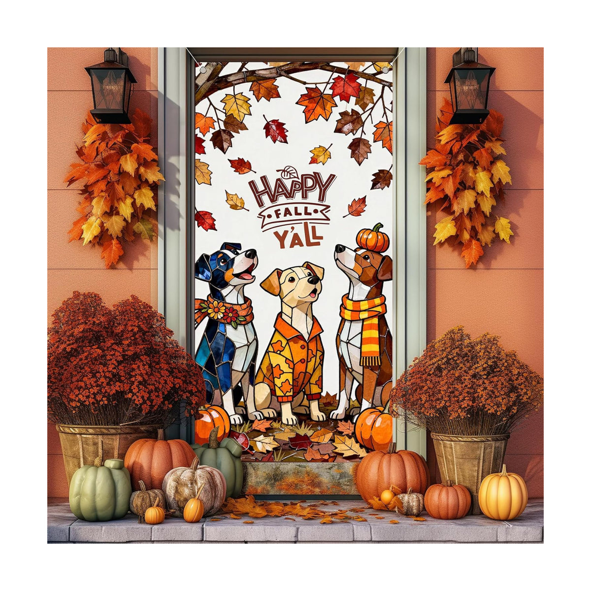 Fall Door Cover,Maple Leaves Dogs Thanksgiving Banner Fall Decor
