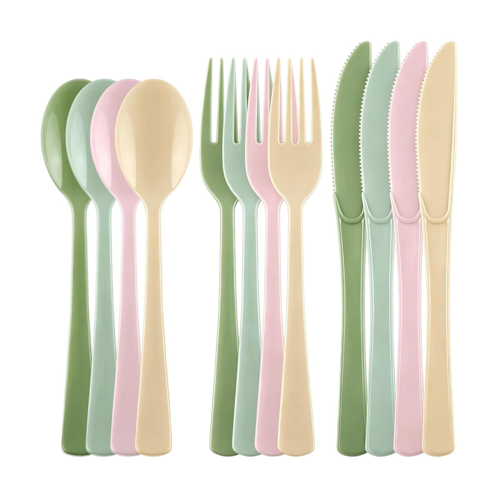 Kochorie 300 Pieces Sage Green and Pink Plastic Silverware, Disposable Plastic Utensils, Heavy Duty Cutlery Set Heavyweight Flatware Includes Spoons Forks Knives for Birthday Wedding Party Supplies