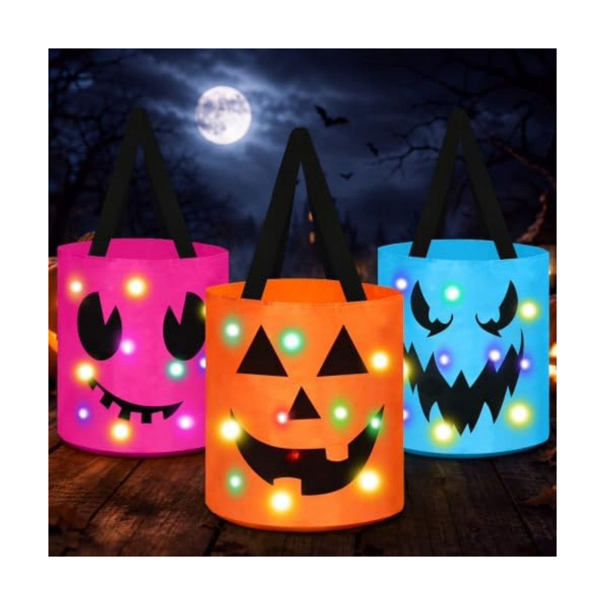 Sadnyy 3 Pcs Halloween Trick or Treat Bag Light Up,Orange,Pink,Blue