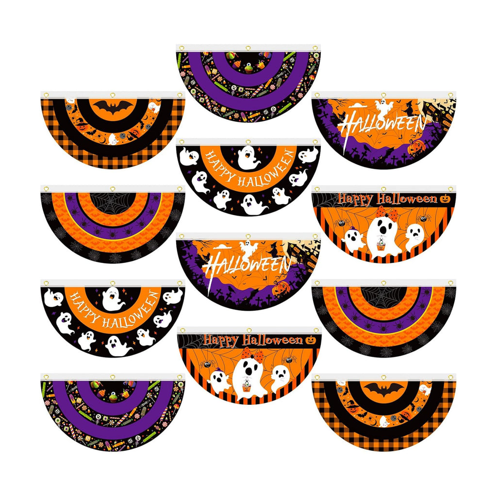 12 Pcs Happy Halloween Bunting Halloween Ghost Half Fan Banner