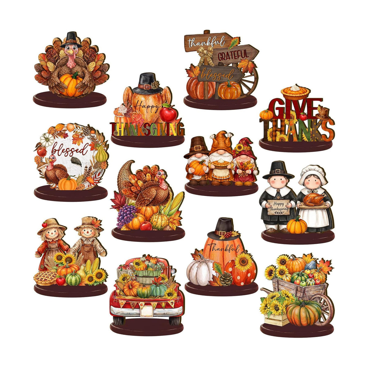 Wesiti 12 Pcs Thanksgiving Table Decorations, Wooden Fall Harvest Centerpiece, Pilgrim Turkey Gnome Table Topper Signs for Thanksgiving Tiered Tray Decor Party Favor