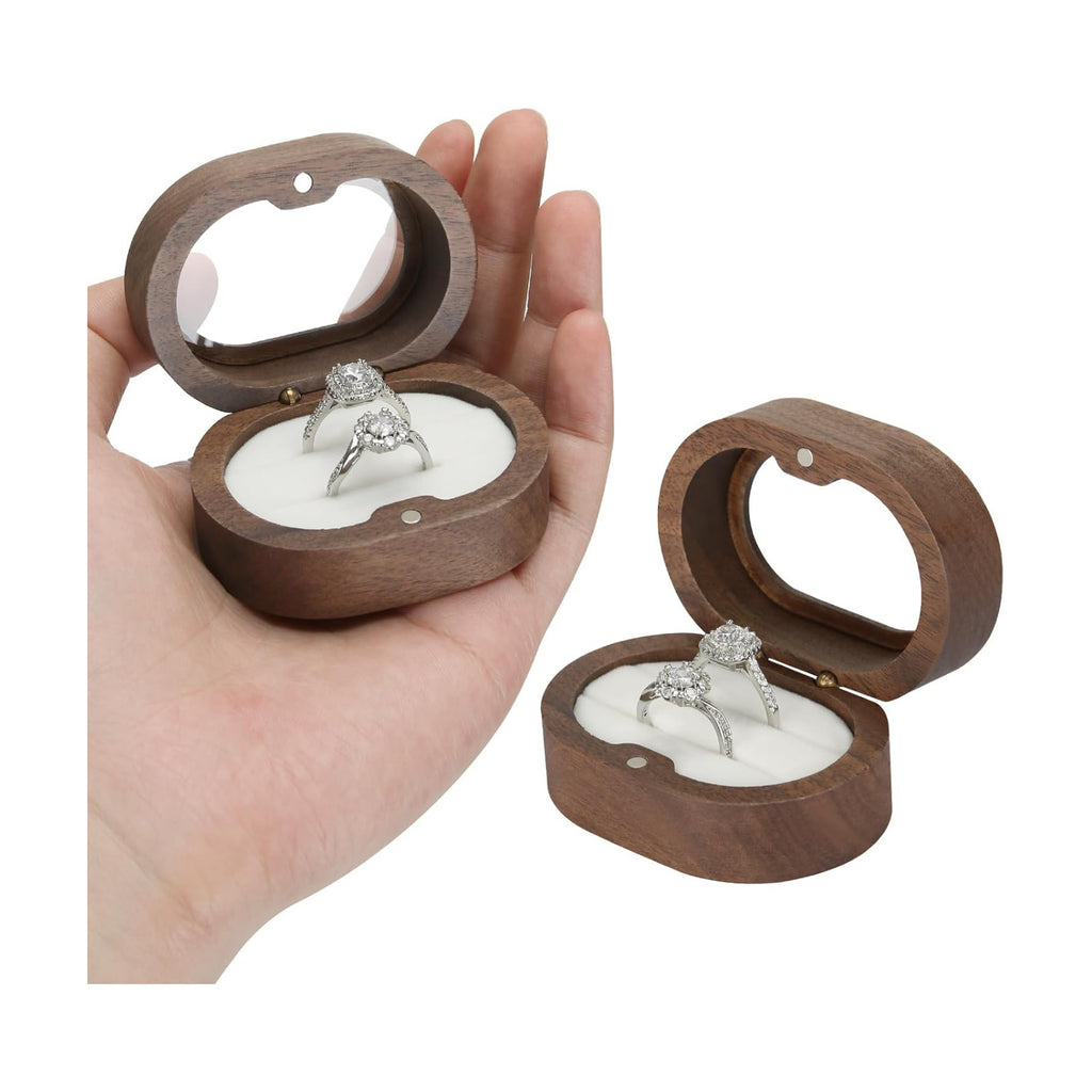 KUKUVR Oval Wooden Ring Box with Clear Window, Ring Holder Box for Wedding Day Engagement Proposal, Jewelry Gift Storage Box for Women (White - 2 Slots)