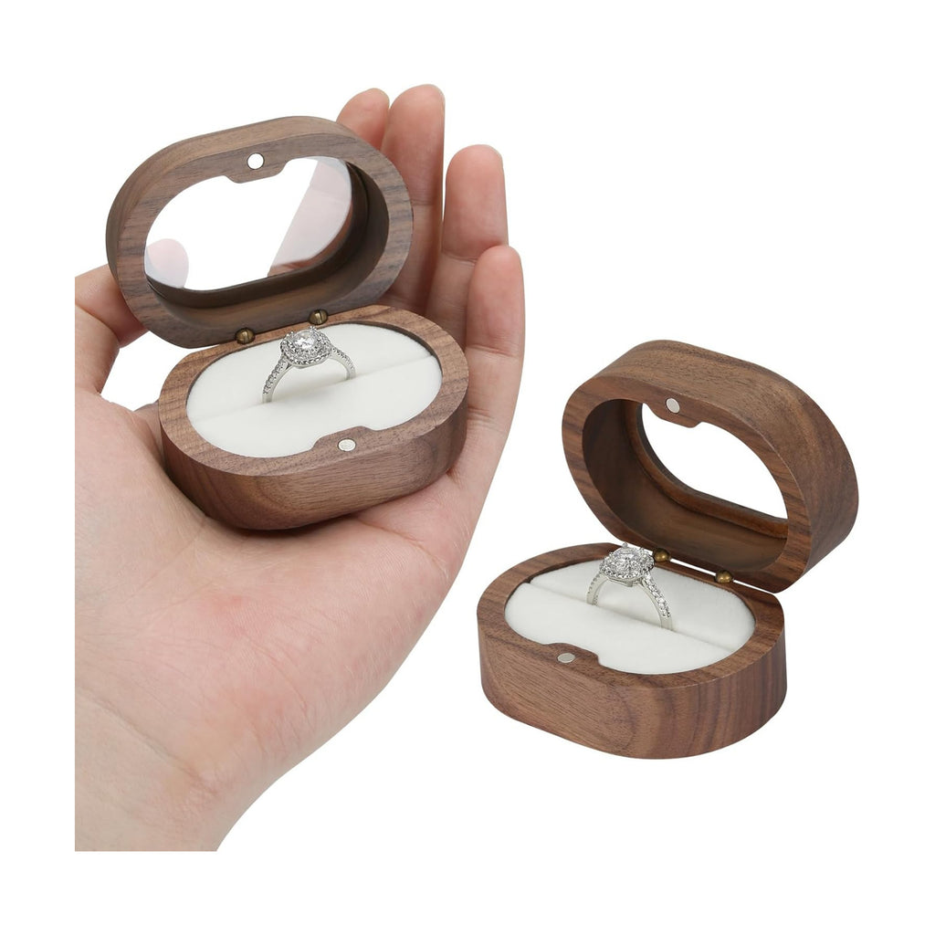 KUKUVR Oval Wooden Ring Box with Clear Window, Ring Holder Box for Wedding Day Engagement Proposal, Jewelry Gift Storage Box for Women (White - 1 Slot)