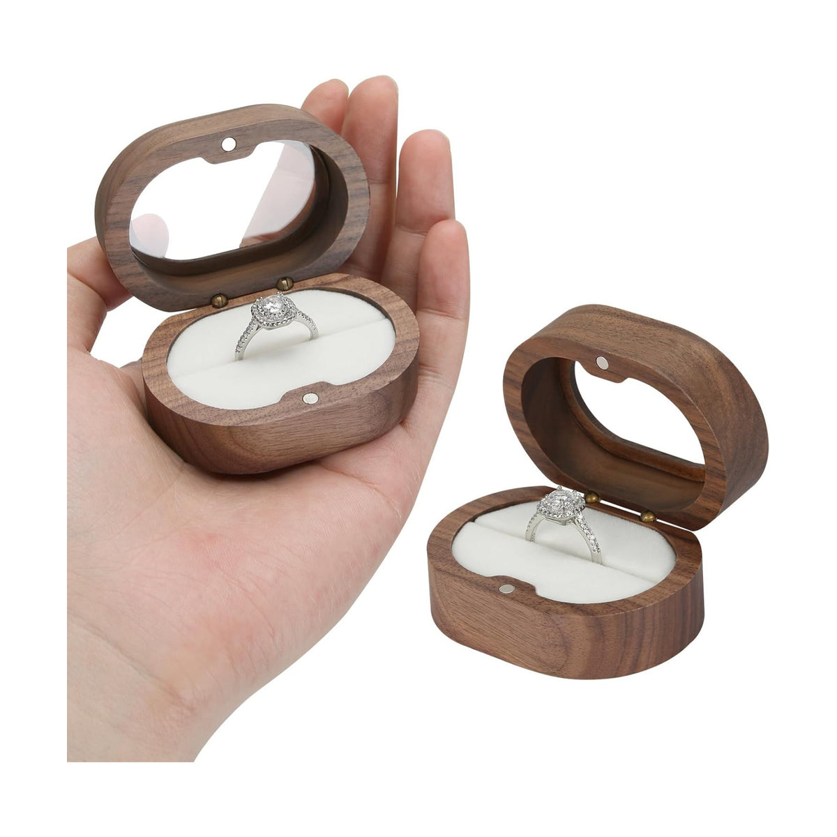 KUKUVR Oval Wooden Ring Box with Clear Window, Ring Holder Box for Wedding Day Engagement Proposal, Jewelry Gift Storage Box for Women (White - 1 Slot)