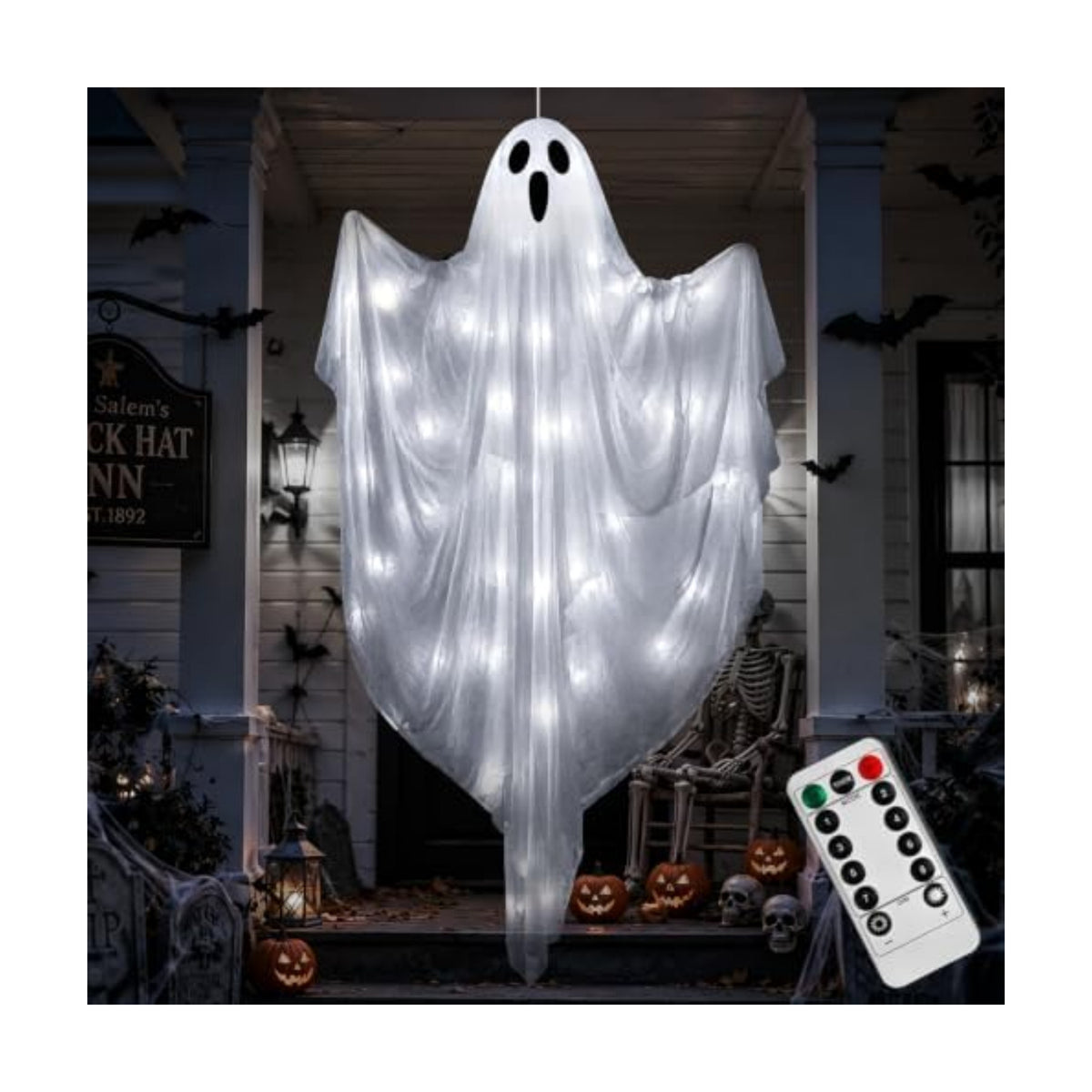 4 FT Halloween Hanging Ghost Decorations with 50 LED Lights, Light Up White Ghost Outdoor Decor with Timer & 8 Lighting Modes, Hanging Halloween Ghost for Front Porch, Yard, Patio, Garden & Party
