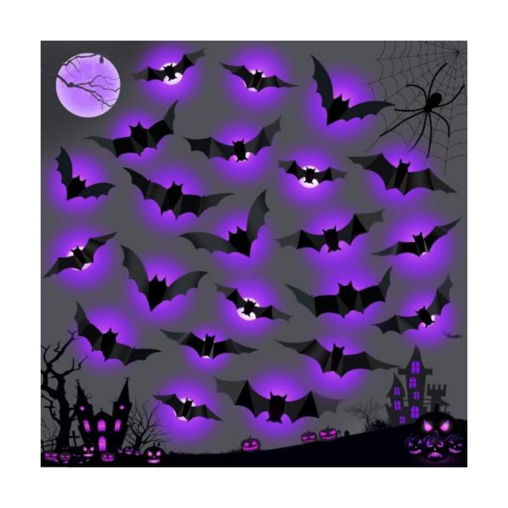 36 PCS LED Purple Lighted 3D Bats Halloween Decoration,5 Sizes & 4 Shapes