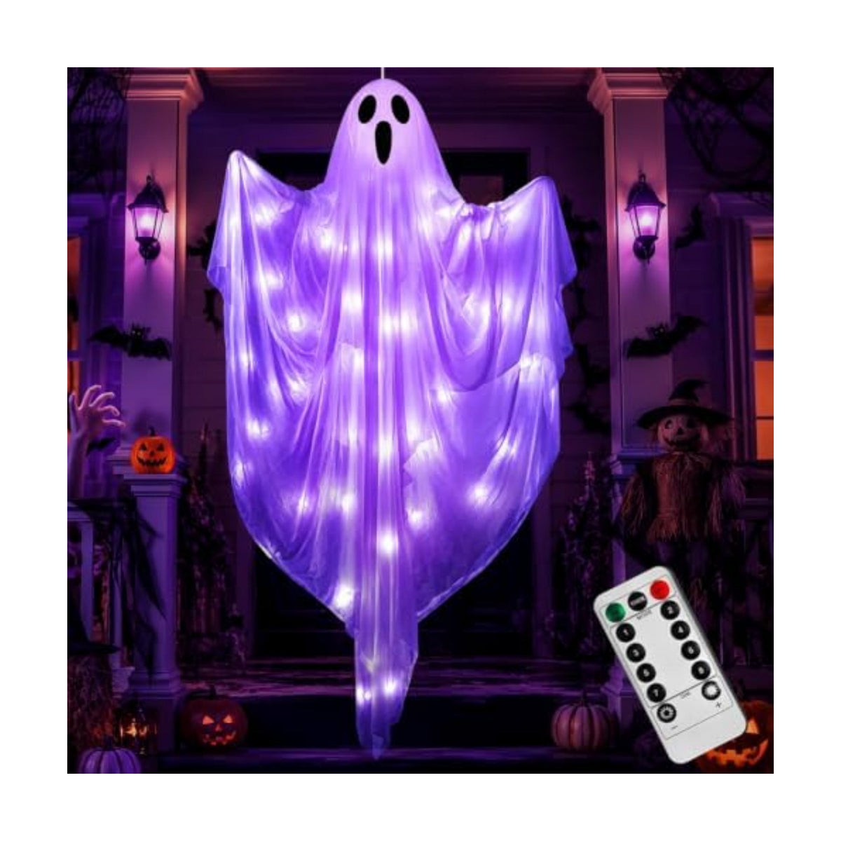 4 FT Halloween Hanging Ghost Decorations with 50 LED Lights, Light Up White Ghost Outdoor Decor with Timer & 8 Lighting Modes, Hanging Halloween Ghost for Front Porch, Yard, Patio, Garden & Party