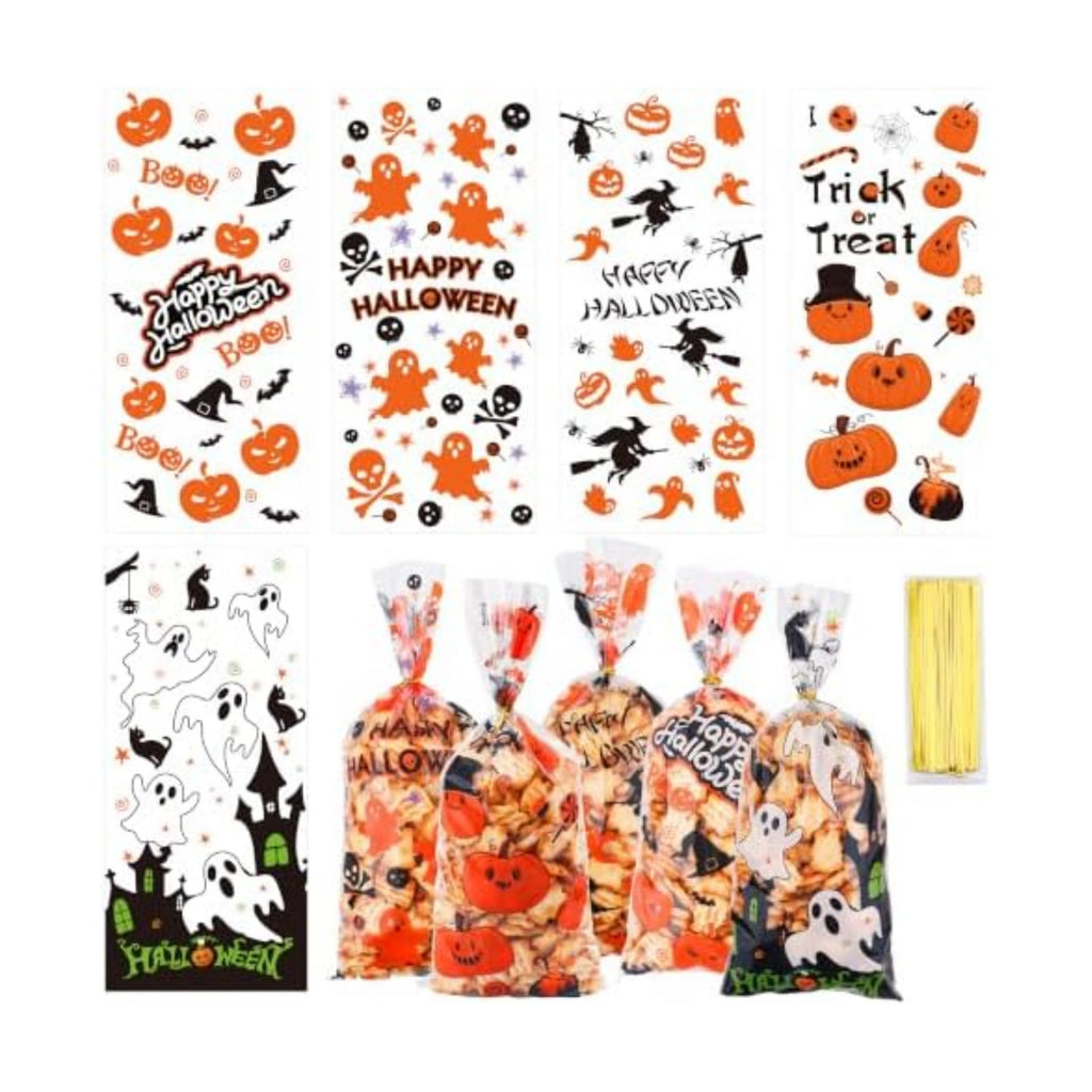 Halloween Cellophane Treat Bags, Halloween Candy Bags, Halloween Goodie Bags, Plastic Clear Goody Snack Cookie Packing Gift Bags with Ties for Kids Halloween Trick or Treat Party Favors Supplies,50Pcs