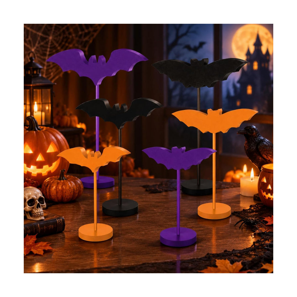 Geetery 6 Pieces Halloween Table Decorations Wood Bat Decor, Purple Orange