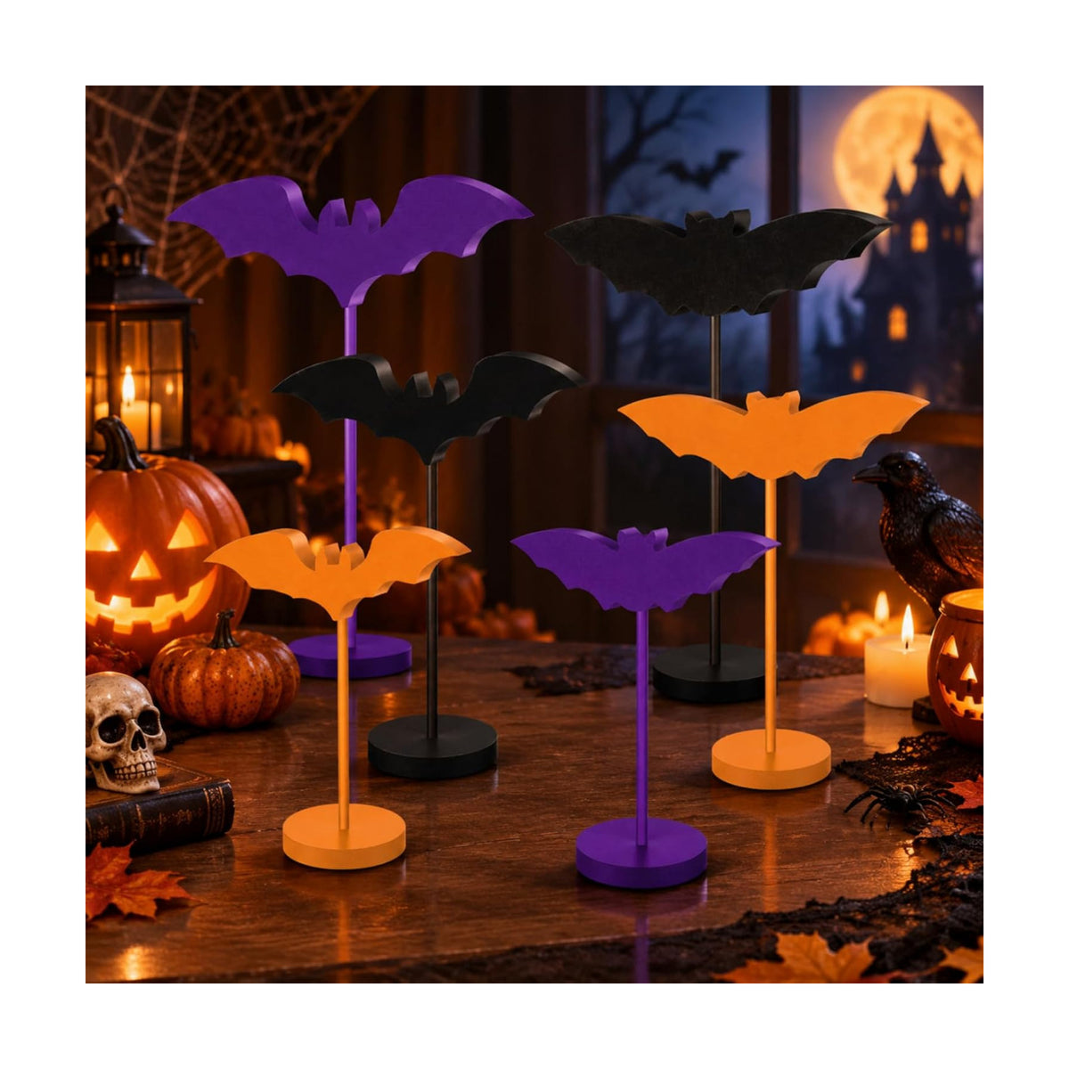 Geetery 6 Pieces Halloween Table Decorations Wood Bat Decor, Purple Orange