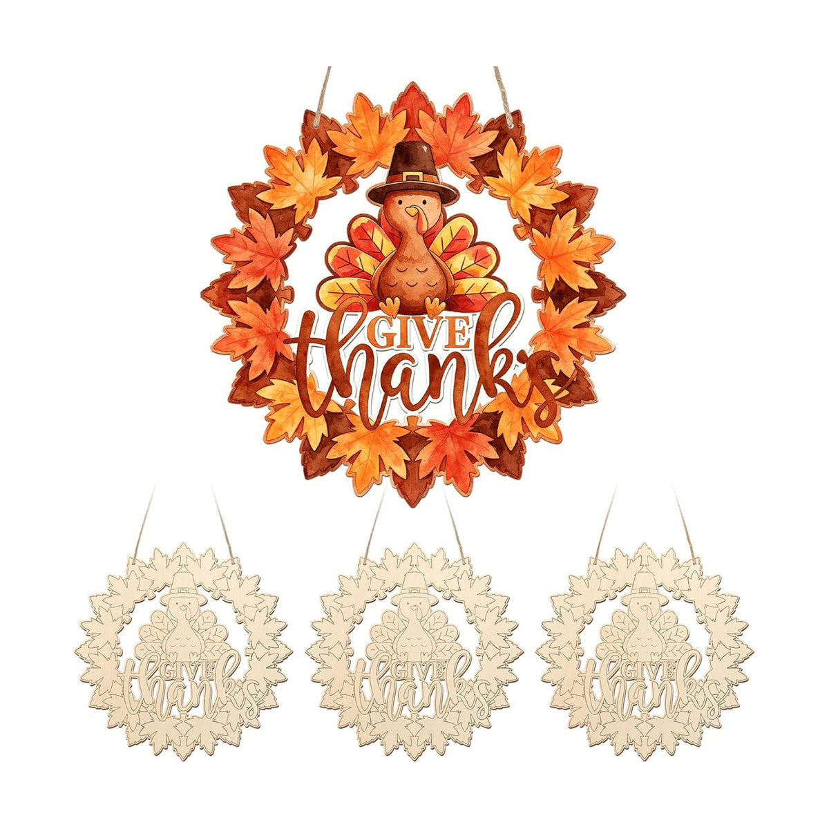 Unfinished Fall Wreaths Wood Crafts to Paint Set of 3, 11" Bulk Autumn Leaves Pumpkin Wreath Ornaments for Painting, Unfinished Wood Cutouts DIY Ornaments for Front Door with Ropes (Leaf.Turkey)
