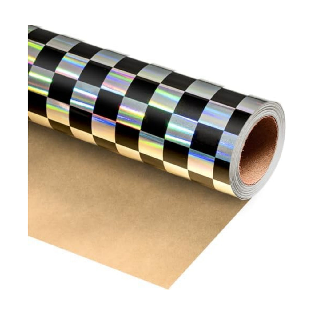 MAYPLUSS Black Gift Wrapping Paper, 17in x 33ft Holographic Checkered Wrap