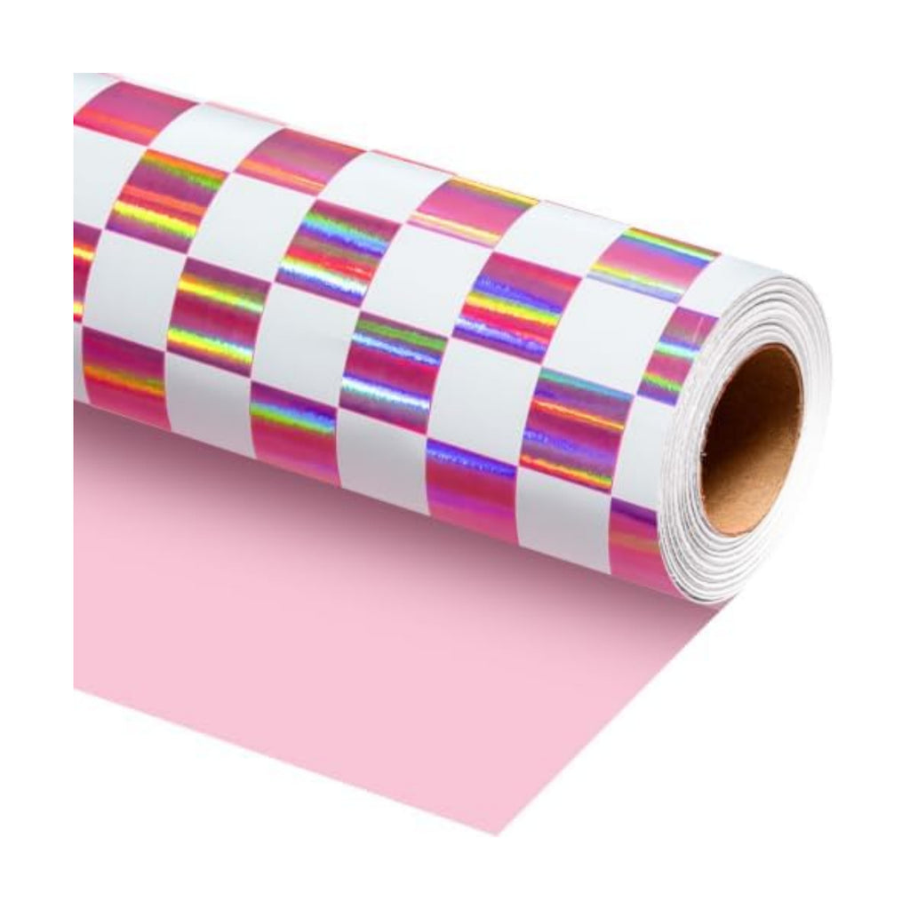 MAYPLUSS Pink Gift Wrapping Paper, 17in x 33ft Holographic Plaid Wrap