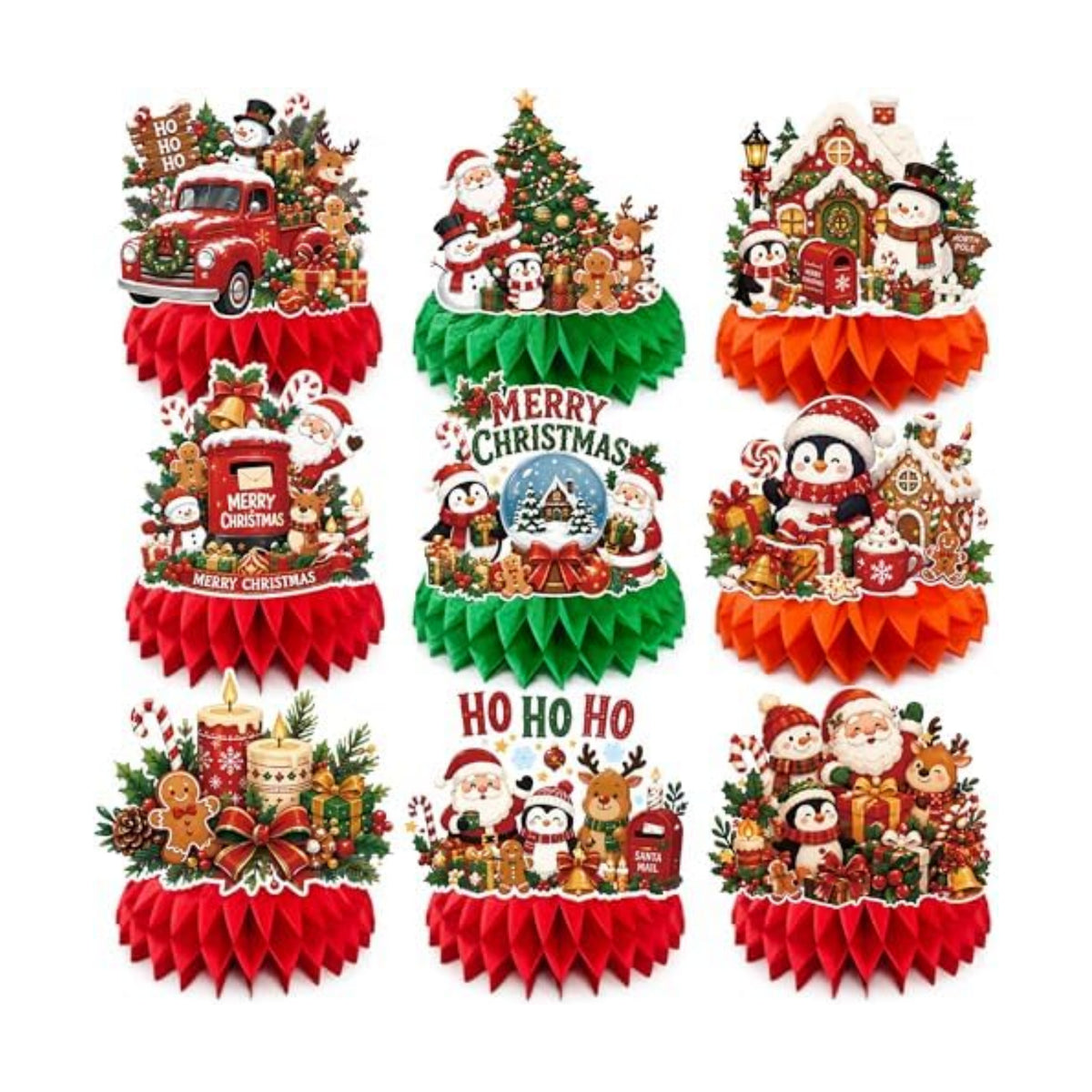 Christmas Decorations - 9 PCS Santa Snowman Reindeer Honeycomb for Christmas Table Decorations