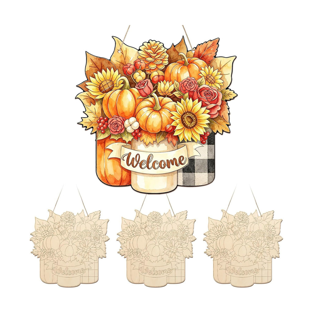 Unfinished Fall Wreaths Wood Crafts to Paint Set of 3, 11" Bulk Autumn Leaves Pumpkin Wreath Ornaments for Painting, Unfinished Wood Cutouts DIY Ornaments for Front Door with Ropes