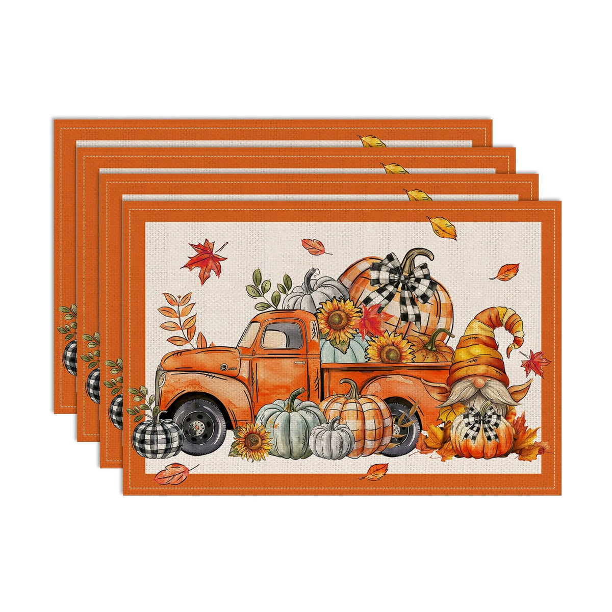 Fall Placemats Set of 4, 12x18 inch - Orange Truck Thanksgiving Table Decor
