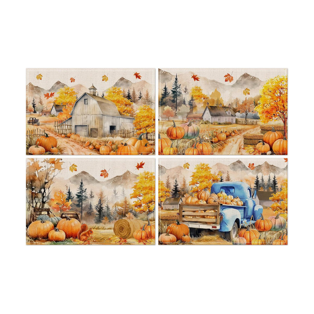 Fall Placemats Set of 4, 12x18 inch - Harvest Farm Thanksgiving Table Decor
